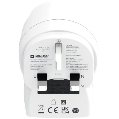 SKROSS - Reseadapter Europa till UK m.fl. USB-A/USB-C 20W PD Jordad - A15507