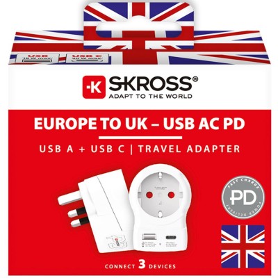 SKROSS - Reseadapter Europa till UK m.fl. USB-A/USB-C 20W PD Jordad - A15507