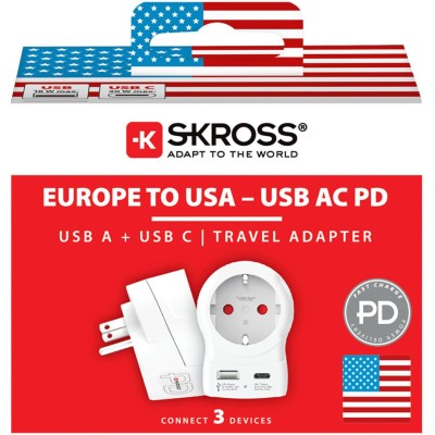 SKROSS - Reseadapter Europa till USA m.fl. USB-A/USB-C 20W PD Jordad - A15506