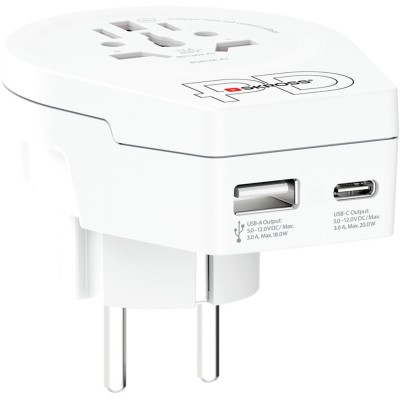SKROSS - Reseadapter Världen till Europa USB-A/USB-C 20W Jordad - A14882