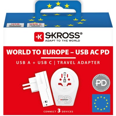 SKROSS - Reseadapter Världen till Europa USB-A/USB-C 20W Jordad - A14882
