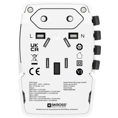 SKROSS - Världsreseladdare AC65PD World USB-A+USB-C PD 65W Jordad - A11980