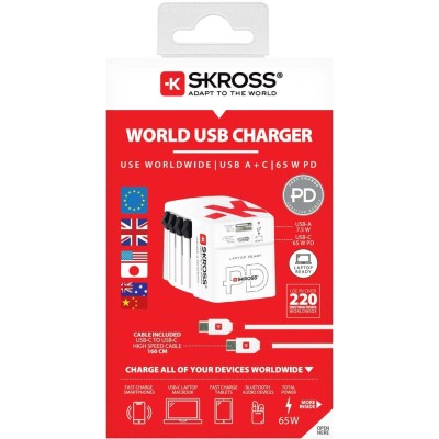 SKROSS - Världsreseladdare AC65PD World USB-A+USB-C PD 65W Jordad - A11980