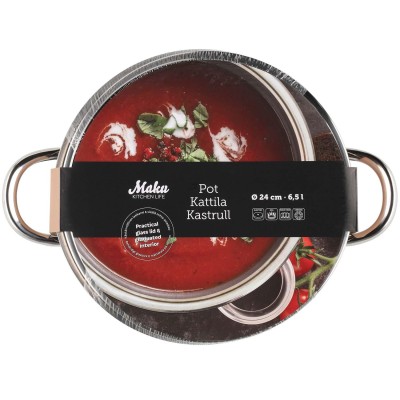 Maku - Kastrull Basic i stål med glaslock 6,5 L - A15386