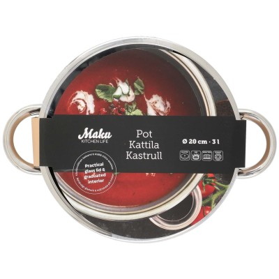 Maku - Kastrull Basic i stål med glaslock 3 L - A15385