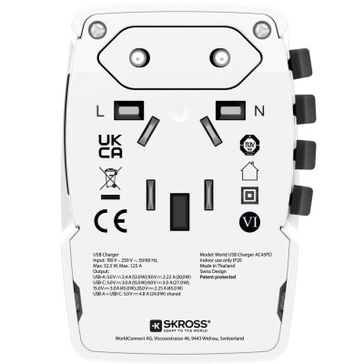 SKROSS - Världsreseladdare AC45PD USB-A+USB-C PD 45W Ojordad - A11979