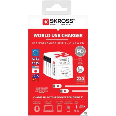 SKROSS - Världsreseladdare AC45PD USB-A+USB-C PD 45W Ojordad - A11979