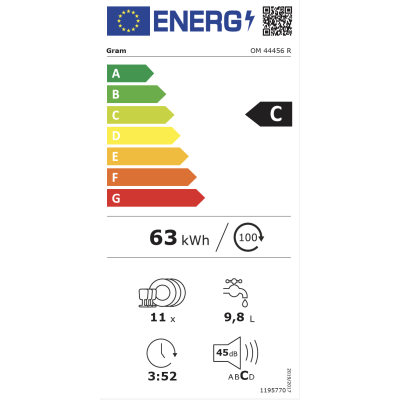 Gram OM 44456 R är en energieffektiv underbyggd diskmaskin på 45 cm med plats för 11 kuvert, 8 diskprogram
