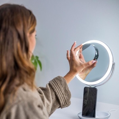 Sharper Image - Bathroom Wireless Charger with Mirror Round LED 8inch - A11455